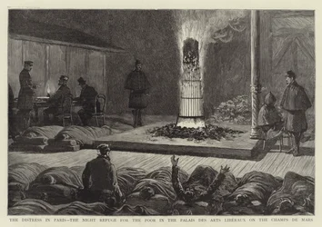 Die Not in Paris, die Nachtzuflucht für die Armen im Palais des Arts Liberaux auf dem Champs de Mars